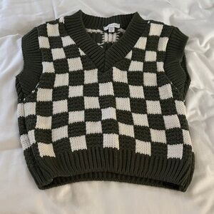 Topshop Olive and Cream Checkered Knit Vest